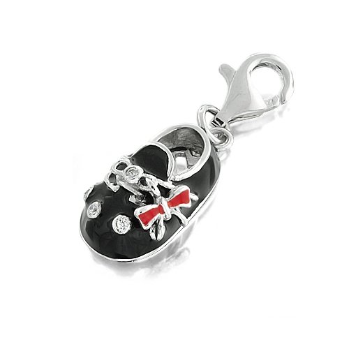 Mothers Day Gifts Bling Jewelry Black Enamel CZ Bow Charm Baby Shoe Charm Pendant with Red Charm