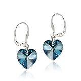 Sterling Silver Leverback Earrings with Bermuda Blue Swarovski Elements Heart Drop