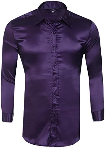 PAUL JONES Mens Casual Silk Like Dress Shirts Luxury Purple(XL)