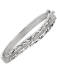 Silver Rhodium Plated Polish 7.50" 8mm Clear Micropave Cubic Zirconia Flat Round Black And White Design Top Fancy Bangle With Side Clasp