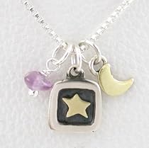 Star and Moon Pendants in Sterling Silver and Brass with Amethyst Pendant on 16" Box Chain, #8830