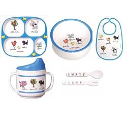 6 Piece Set Baby Cie Farm Animals: Les Animaux de la Ferme Melamine Colorful dinnerware with wording