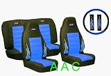 A Set of Universal-fit Type X Racing Style Front Bucket Seat Covers, Bench Seat Cover, Steering Wheel Cover and Shoulder Strap Cover - Blue