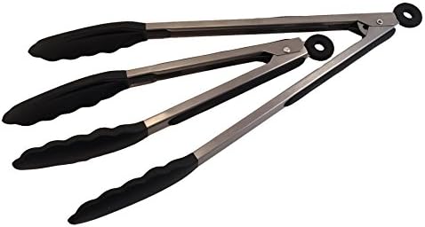 Stainless Steel Kitchen Tongs With Silicone Tips By Cuisine Essentials - Includes 9 Inch Salad Tongs and 12 Inch Barbecue Grill Tongs (Black)