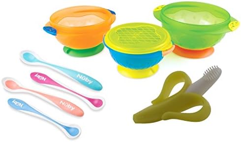 Nuby 4 Pack Hot Safe Feeding Spoons and Suction Bowls with Bonus Banana Brush Infant Toothbrush