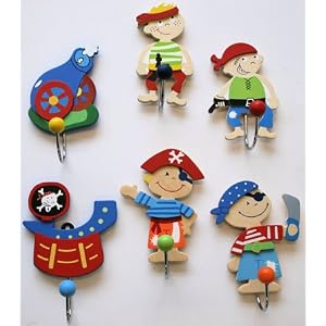Set of 6 Wooden Coat Hooks - Pirate Designs