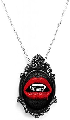 Project Pinup Vamp Lips Necklace with Ornate Silver and Black Frame on 18" Chain