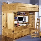 Twin Full Size Bunk Bed in Rustic Pine Finish - All in One Bunk Bed with Chair