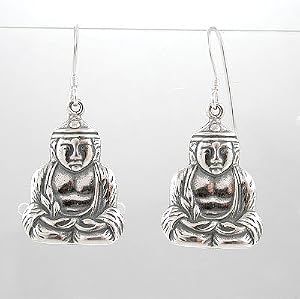 Sitting Buddha Dangle Earrings in Sterling Silver, #8559