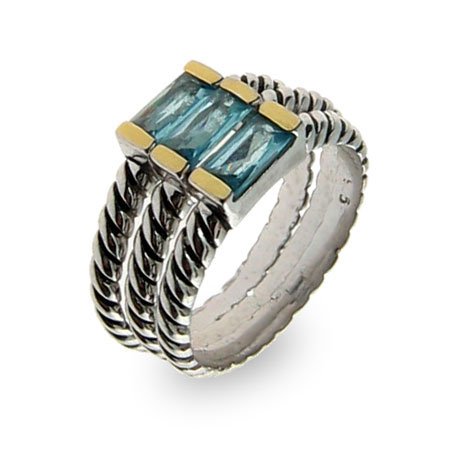 Eve's Addiction Sterling Silver 3 Band Stackable Cable Ring Set w/ Blue CZs