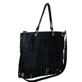 Black Large Double Handle Top Zip Fringe Tote