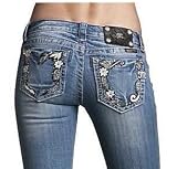 Womens Miss Me Jeans Vintage Floral Design Boot Cut Designer Jeans Medium Wash/Distressed - Crystal & Leather Accents Open Pocket, 30