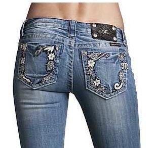 Womens Miss Me Jeans Vintage Floral Design Boot Cut Designer Jeans Medium Wash/Distressed - Crystal & Leather Accents Open Pocket, 30