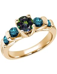 1.88 Ct Round Green Mystic Topaz Blue Diamond 18K Yellow Gold Ring
