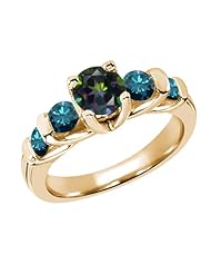 1.88 Ct Round Green Mystic Topaz Blue Diamond 14K Yellow Gold Ring