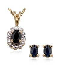18k Yellow Gold Plated Sterling Silver Genuine Sapphire Post Earrings and Pendant, 18"