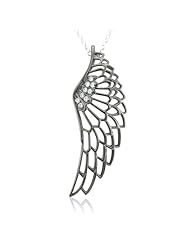 Black Angel Feather Wing White Diamond Pendant Necklace in Sterling Silver - 0.10 carat tw