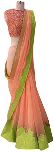 Net Orange India Design Bollywood Women Sari Saree With Unstitched Blouse Piece