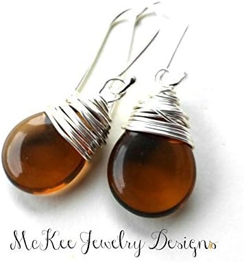 Mocha brown transparent pear Czech Picasso glass wire wrapped Argentium silver earrings.Handmade jewelry, jewellery. Lightweight small earrings.