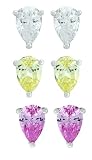 Platinum Plated Sterling Silver Pear-Shaped Cubic Zirconia Stud Earrings Set in Pink, Yellow and Clear
