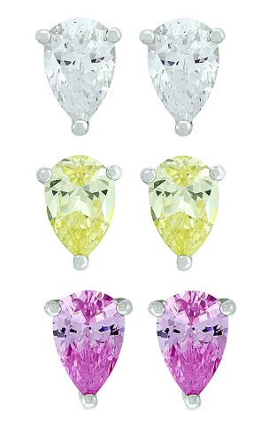 Platinum Plated Sterling Silver Pear-Shaped Cubic Zirconia Stud Earrings Set in Pink, Yellow and Clear