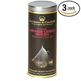 Harrisons & Crosfield Japanese Cherry Sencha Green Tea, 16-Count Tea Sachets (Pack of 3)