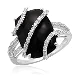 10k White Gold Onyx Center w  Diamonds Wrap Ring, Size 7