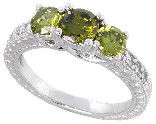 Sterling Silver Vintage Style Engagement ring, w/ two 4mm (.25 ct) & one 5mm (.5 ct) Round Peridot-colored CZ Stones, 3/16″ (5mm) wide, size 8