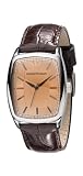 Emporio Armani Ladies Rectangular Rounded Case Amber Dial Brown Leather Strap Watch