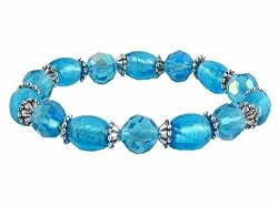 Bracelet - B195 - Faceted Glass and Murano Style Beads - Stretch ~ Aqua Blue
