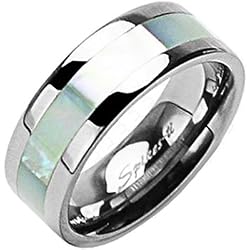 Spikes Titanium Wide Band Mother of Pearl Inlay Ring