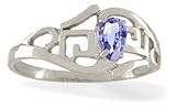 14K White Gold Genuine Pear Tanzanite Greek Key Ring