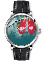 SPRAWL Aanalog Fashion Series Silver Ladies Watches of Genuine Black Leather Strap,Unique Wrist Watch for Women Girls Designed with Red gloves hanging on branch