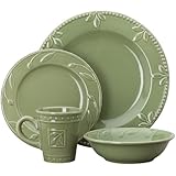 Signature Housewares Sorrento Collection Stoneware 4-Piece Dinnerware Set, Green Antiqued Finish