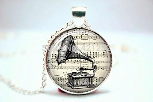 ArtShop Fashion Jewelry Gramophone Print Vintage Illustrations Glass Necklace Christmas gift