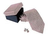Scalloped Burgandy Red & Silver Silk Tie & Cufflinks