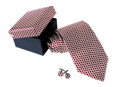 Scalloped Burgandy Red & Silver Silk Tie & Cufflinks