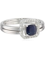 10k White Gold Sapphire and Diamond-Accented Cushion Cut Ring, Size 7