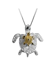 Sterling Silver Turtle Mother and 14K Gold Finished Baby Necklace Pendant with Box Chain