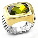 Art Deco Two Tone Olive Green Cushion Cut CZ Ring