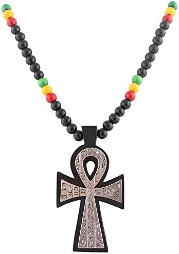 Black with Silvertone & Multicolors Wooden Rasta Ankh Hieroglyph Pendant and 36 Inch Necklace Chain