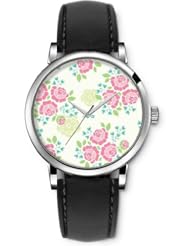 SPRAWL Aanalog Fashion Series Silver Ladies Watches of Genuine Black Leather Strap,Unique Wrist Watch for Women Girls Designed with roses flowers