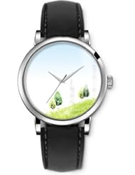 SPRAWL Aanalog Fashion Series Silver Ladies Watches of Genuine Black Leather Strap,Unique Wrist Watch for Women Girls Designed with Trees and Towers
