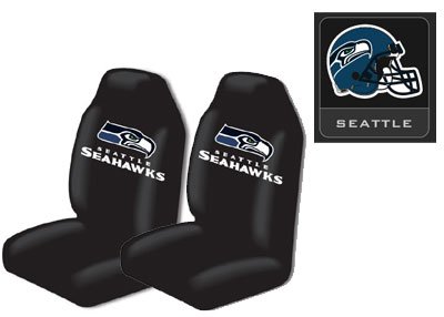 3-Piece Seattle Seahawks Automotive Interior Gift Set - A Set of 2 NFL Licensed Universal-Fit Front Bucket Seat Covers and One Official NFL Licensed Team Helmet Logo Air Freshener Pine Forest Scent