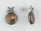 14K White Gold 0.07 CT TDW Brown Diamond Fresh Water Brown Coin Pearl Earrings (10-11 mm)