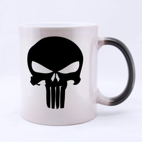 Cool Punisher Skull Pattern Ceramic Morphing Coffee Mug,Coffee/Tea Drinking Cup with Handle.(11 Oz) (Two Sides)