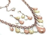 Copper, Silver, and Gold Tone Hollow Metal Bead Drops on Adjustable Chain Necklace with Matching Earrings Set