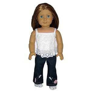 HOT SELLER! White Eyelet Top, Blue Jeans with Floral Appliques, Fits 18 American Girl Doll by