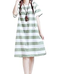 Cotton Short Sleeves Striped Print  Dress