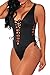 HOTAPEI Women V Neck Lace up High Cut One Piece Swimwear Medium Black